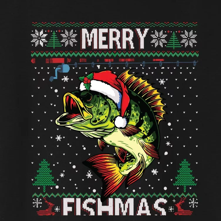 Merry Fishmas Bass Fish Fishing Christmas Ugly Sweater Xmas Women's Crop Top Tee