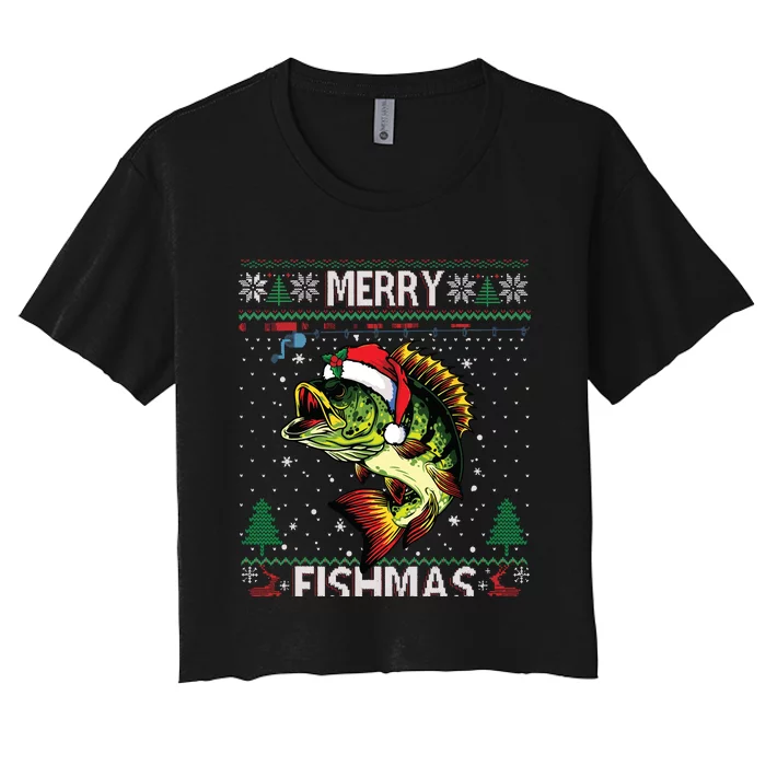 Merry Fishmas Bass Fish Fishing Christmas Ugly Sweater Xmas Women's Crop Top Tee