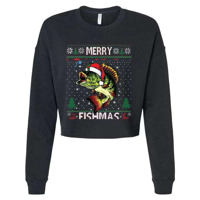 Merry Fishmas Bass Fish Fishing Christmas Ugly Sweater Xmas Cropped Pullover Crew