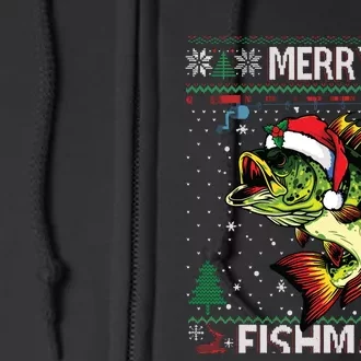 Merry Fishmas Bass Fish Fishing Christmas Ugly Sweater Xmas Full Zip Hoodie