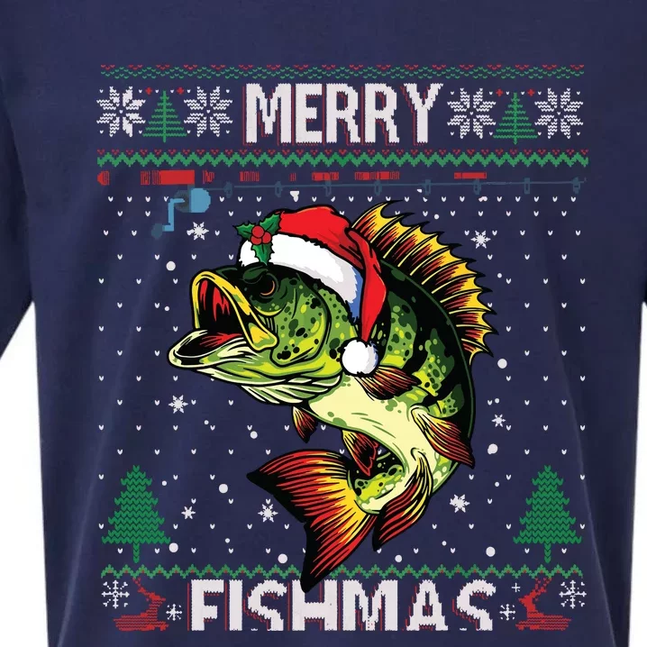 Merry Fishmas Bass Fish Fishing Christmas Ugly Sweater Xmas Sueded Cloud Jersey T-Shirt