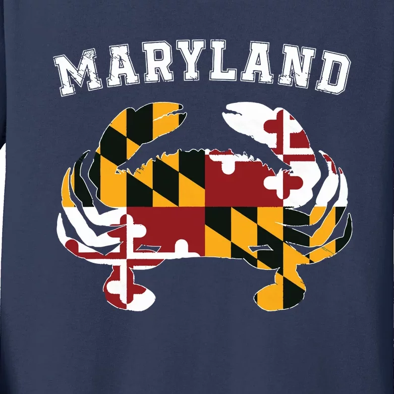 Maryland Flag Blue Crab T State Pride Retro Kids Long Sleeve Shirt