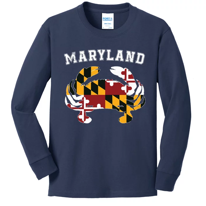 Maryland Flag Blue Crab T State Pride Retro Kids Long Sleeve Shirt