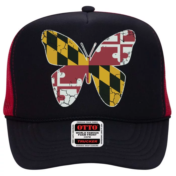 Maryland Flag Butterfly Home State Vintage Distressed High Crown Mesh Trucker Hat