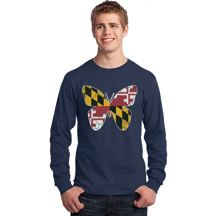 Maryland Flag Butterfly Home State Vintage Distressed Long Sleeve Shirt