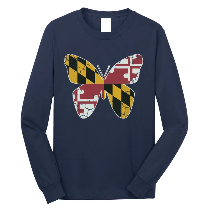 Maryland Flag Butterfly Home State Vintage Distressed Long Sleeve Shirt