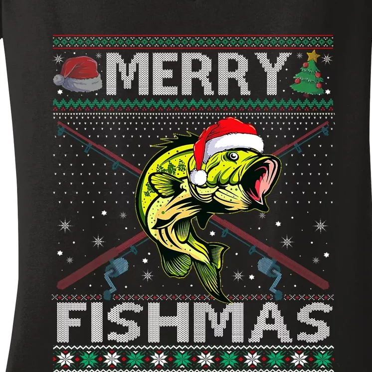 Merry Fishmas Bass Fish Fishing Christmas Ugly Sweater Xmas Women's V-Neck T-Shirt