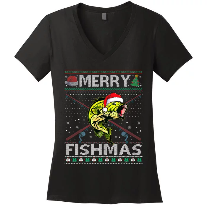 Merry Fishmas Bass Fish Fishing Christmas Ugly Sweater Xmas Women's V-Neck T-Shirt