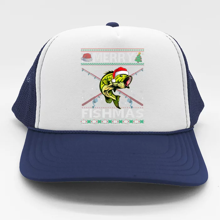 Merry Fishmas Bass Fish Fishing Christmas Ugly Sweater Xmas Trucker Hat