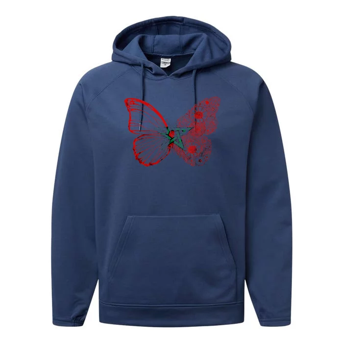 Morocco Flag Butterfly Moroccan Roots Moroccan Flag Morocco Performance Fleece Hoodie