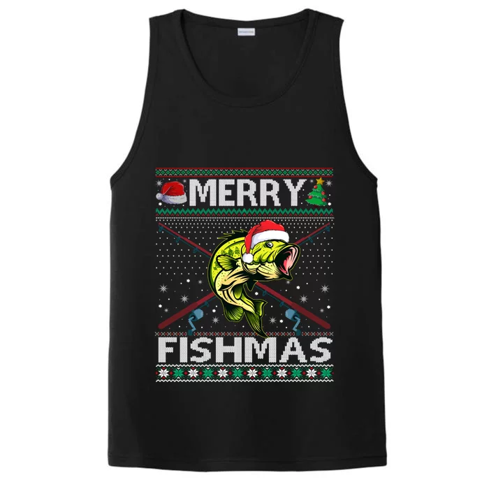 Merry Fishmas Bass Fish Fishing Christmas Ugly Sweater Xmas Funny Gift Performance Tank