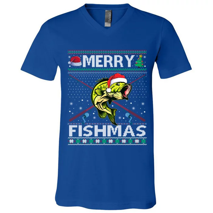 Merry Fishmas Bass Fish Fishing Christmas Ugly Sweater Xmas Funny Gift V-Neck T-Shirt