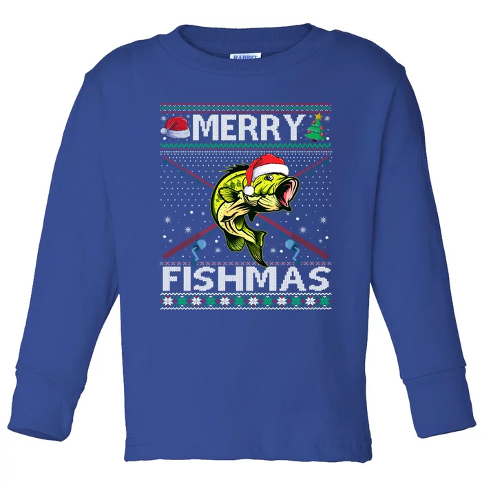 Merry Fishmas Bass Fish Fishing Christmas Ugly Sweater Xmas Funny Gift Toddler Long Sleeve Shirt