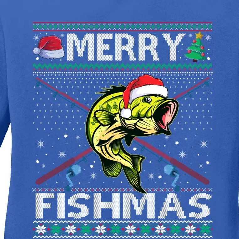 Merry Fishmas Bass Fish Fishing Christmas Ugly Sweater Xmas Funny Gift Ladies Long Sleeve Shirt