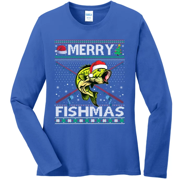 Merry Fishmas Bass Fish Fishing Christmas Ugly Sweater Xmas Funny Gift Ladies Long Sleeve Shirt