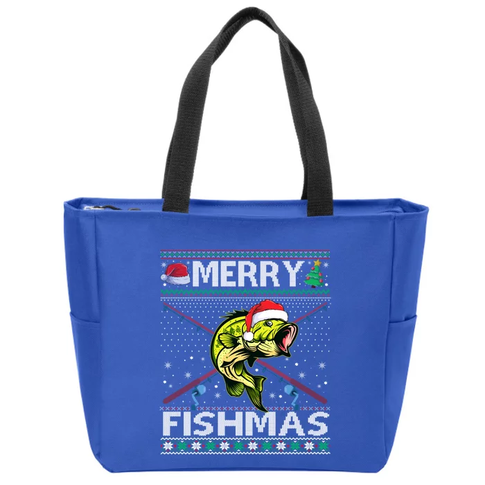 Merry Fishmas Bass Fish Fishing Christmas Ugly Sweater Xmas Funny Gift Zip Tote Bag