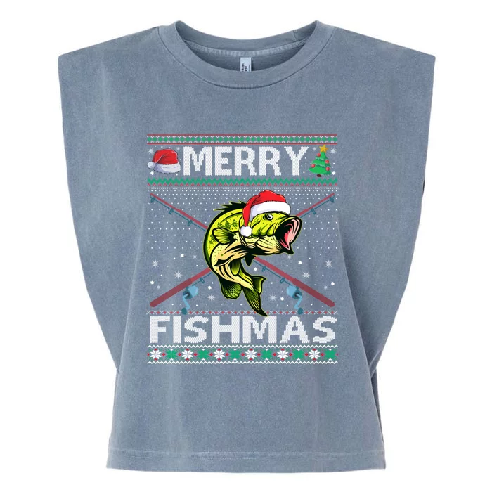 Merry Fishmas Bass Fish Fishing Christmas Ugly Sweater Xmas Funny Gift Garment-Dyed Women's Muscle Tee