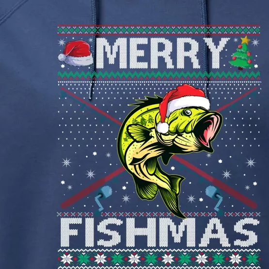 Merry Fishmas Bass Fish Fishing Christmas Ugly Sweater Xmas Funny Gift Performance Fleece Hoodie