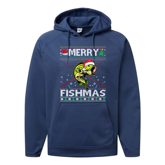 Merry Fishmas Bass Fish Fishing Christmas Ugly Sweater Xmas Funny Gift Performance Fleece Hoodie