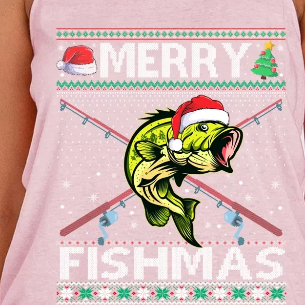 Merry Fishmas Bass Fish Fishing Christmas Ugly Sweater Xmas Funny Gift Women's Knotted Racerback Tank