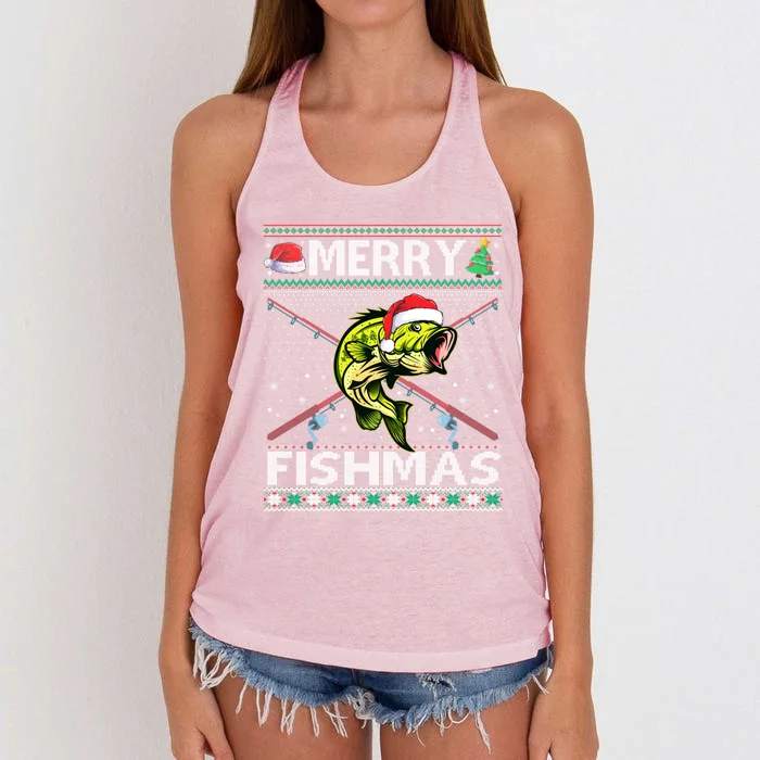 Merry Fishmas Bass Fish Fishing Christmas Ugly Sweater Xmas Funny Gift Women's Knotted Racerback Tank