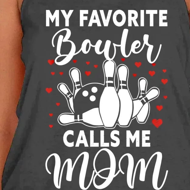 My Favorite Bowler Calls Me Mom Bowler Mama Bowling Gift Women's Knotted Racerback Tank