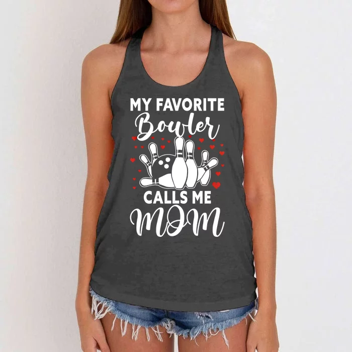 My Favorite Bowler Calls Me Mom Bowler Mama Bowling Gift Women's Knotted Racerback Tank