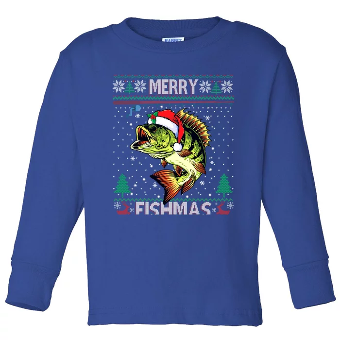 Merry Fishmas Bass Fish Fishing Christmas Ugly Sweater Xmas Gift Toddler Long Sleeve Shirt