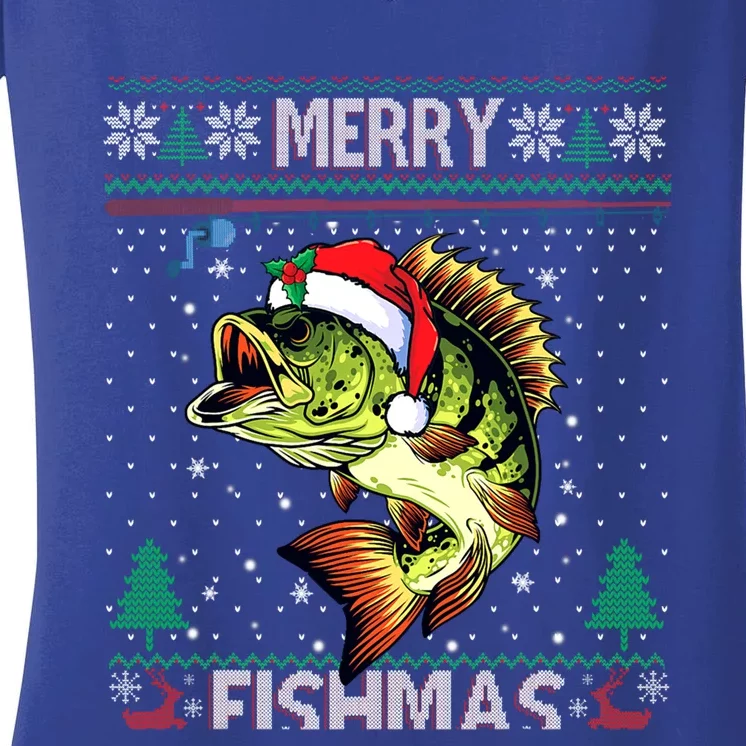 Merry Fishmas Bass Fish Fishing Christmas Ugly Sweater Xmas Gift Women's V-Neck T-Shirt