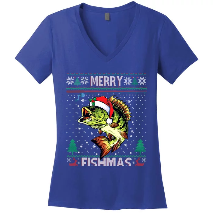 Merry Fishmas Bass Fish Fishing Christmas Ugly Sweater Xmas Gift Women's V-Neck T-Shirt