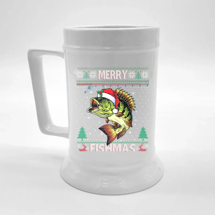 Merry Fishmas Bass Fish Fishing Christmas Ugly Sweater Xmas Gift Front & Back Beer Stein