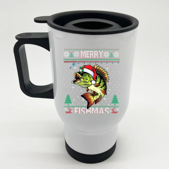 Merry Fishmas Bass Fish Fishing Christmas Ugly Sweater Xmas Gift Front & Back Stainless Steel Travel Mug