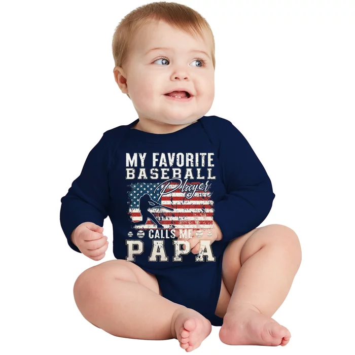 My Favorite Baseball Player Calls Me Papa American Flag Baby Long Sleeve Bodysuit