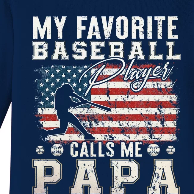 My Favorite Baseball Player Calls Me Papa American Flag Baby Long Sleeve Bodysuit