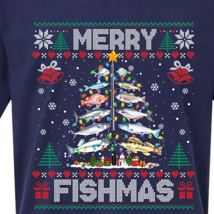 Merry Fishmas Bass Fish Fishing Christmas Ugly Sweater Xmas Gift Sueded Cloud Jersey T-Shirt