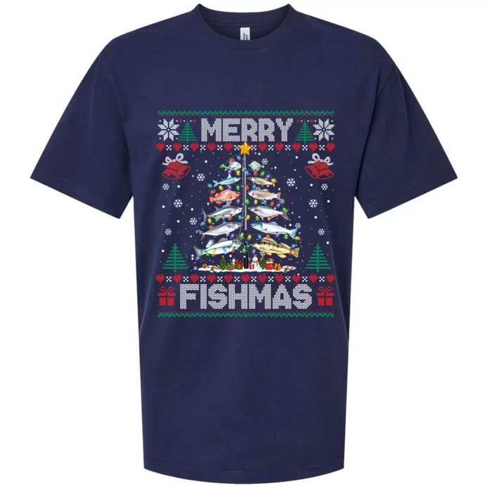 Merry Fishmas Bass Fish Fishing Christmas Ugly Sweater Xmas Gift Sueded Cloud Jersey T-Shirt