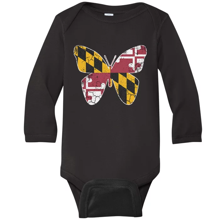 Maryland Flag Butterfly Home State Vintage Distressed Baby Long Sleeve Bodysuit