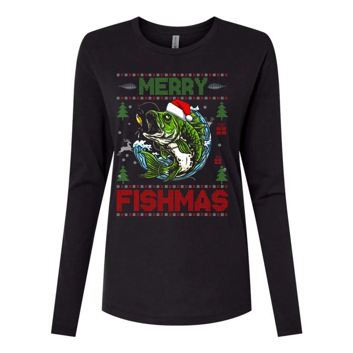 Merry Fishmas Bass Fish Fishing Christmas Ugly Womens Cotton Relaxed Long Sleeve T-Shirt