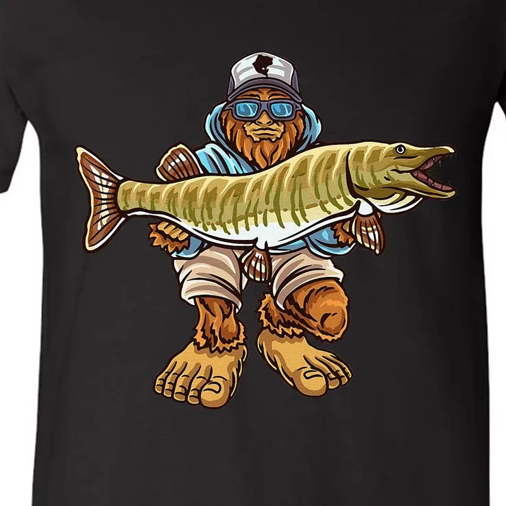 Muskie Fishing Bigfoot Musky Hunting Fishermen V-Neck T-Shirt