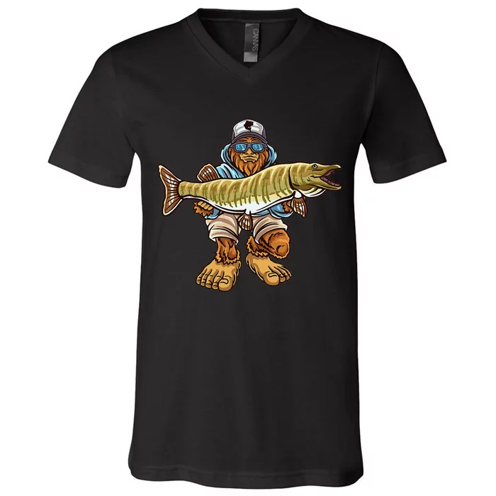 Muskie Fishing Bigfoot Musky Hunting Fishermen V-Neck T-Shirt