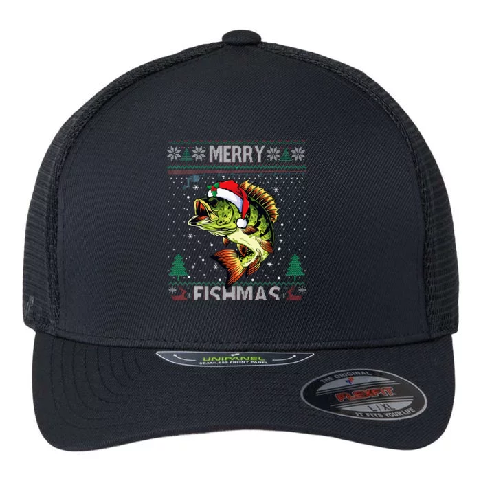 Merry Fishmas Bass Fish Fishing Christmas Ugly Sweater Xmas Flexfit Unipanel Trucker Cap