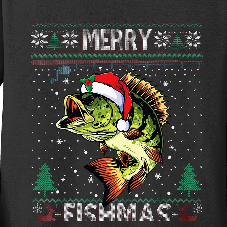 Merry Fishmas Bass Fish Fishing Christmas Ugly Sweater Xmas Kids Long Sleeve Shirt