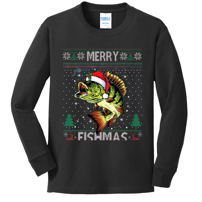 Merry Fishmas Bass Fish Fishing Christmas Ugly Sweater Xmas Kids Long Sleeve Shirt