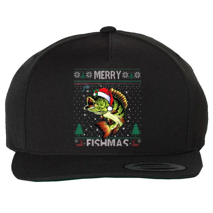 Merry Fishmas Bass Fish Fishing Christmas Ugly Sweater Xmas Wool Snapback Cap