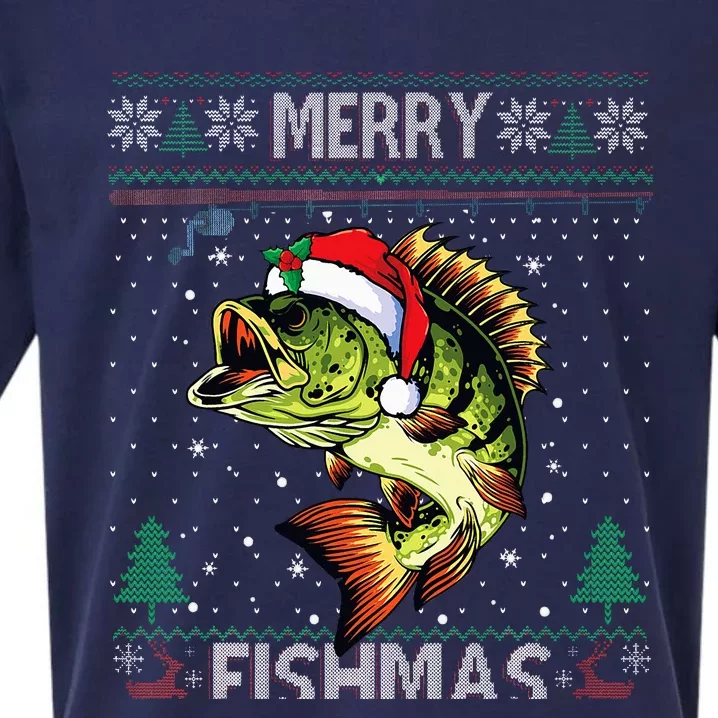 Merry Fishmas Bass Fish Fishing Christmas Ugly Sweater Xmas Sueded Cloud Jersey T-Shirt