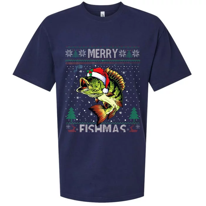 Merry Fishmas Bass Fish Fishing Christmas Ugly Sweater Xmas Sueded Cloud Jersey T-Shirt