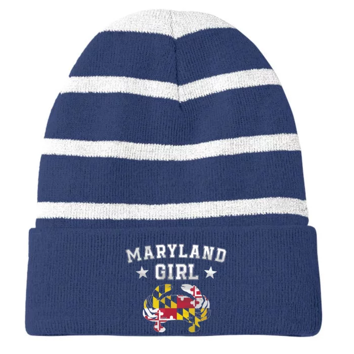 Maryland Flag Blue Crab State Pride Retro Tee Striped Beanie with Solid Band