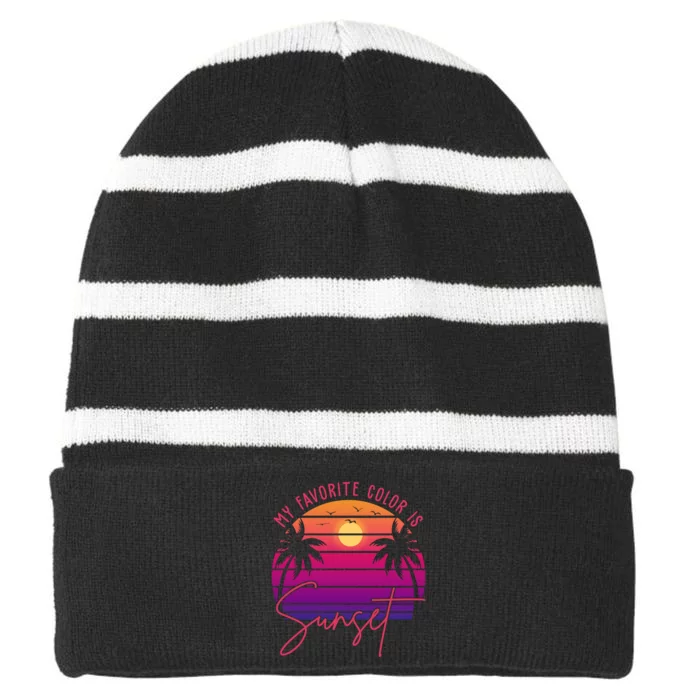 My Favorite Color Is Sunset Summer Retro Striped Beanie with Solid Band