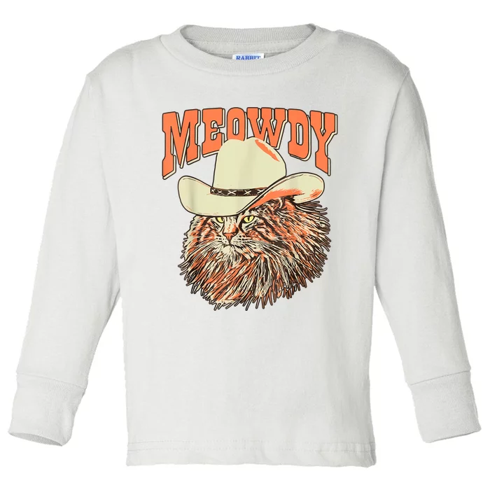 Meowdy Funny Country Music Cat Cowboy Hat Vintage Toddler Long Sleeve Shirt