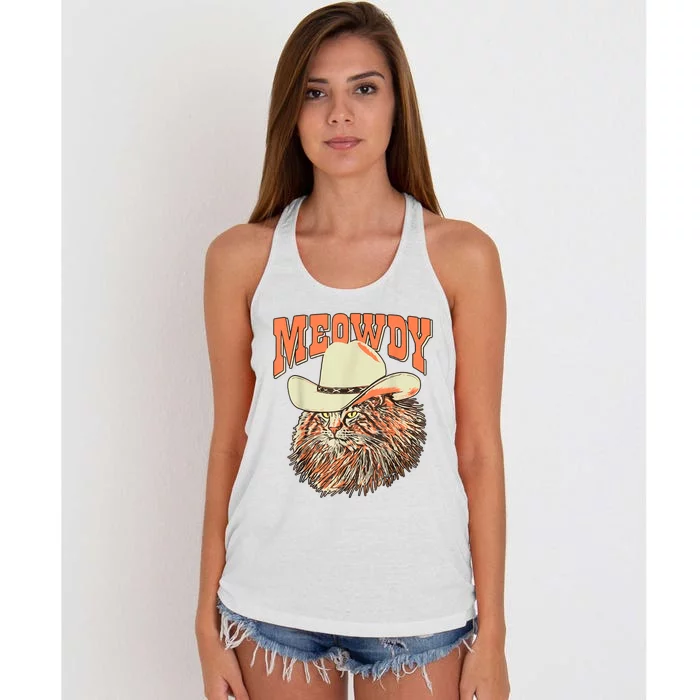 Meowdy Funny Country Music Cat Cowboy Hat Vintage Women's Knotted Racerback Tank